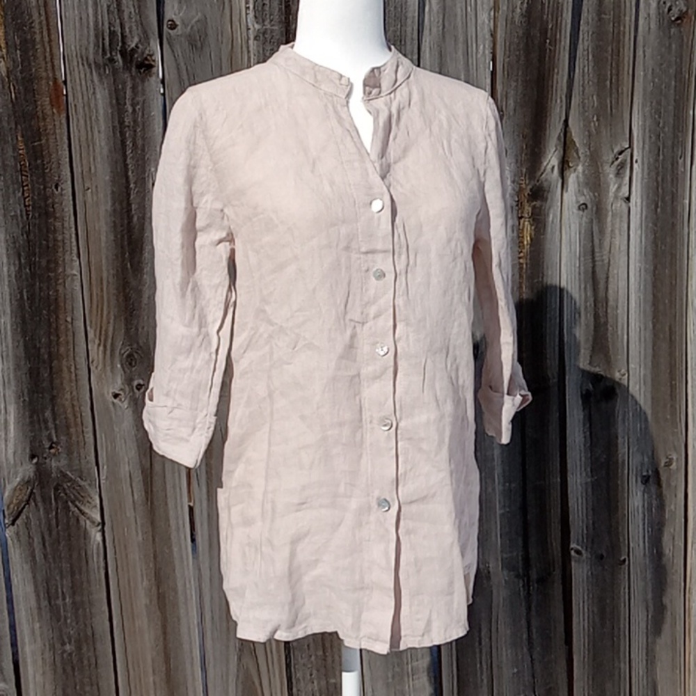 Lungo L’Arno Beige 100% Linen Short Sleeve Blouse Top Button Up Italy Size S